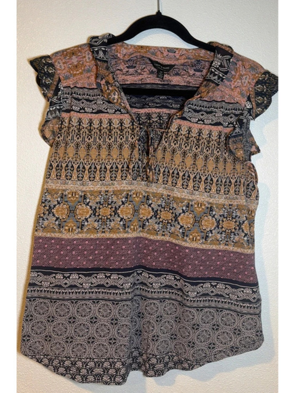 Lucky Brand Boho Mixed Print Flutter Sleeve Blouse Size Small